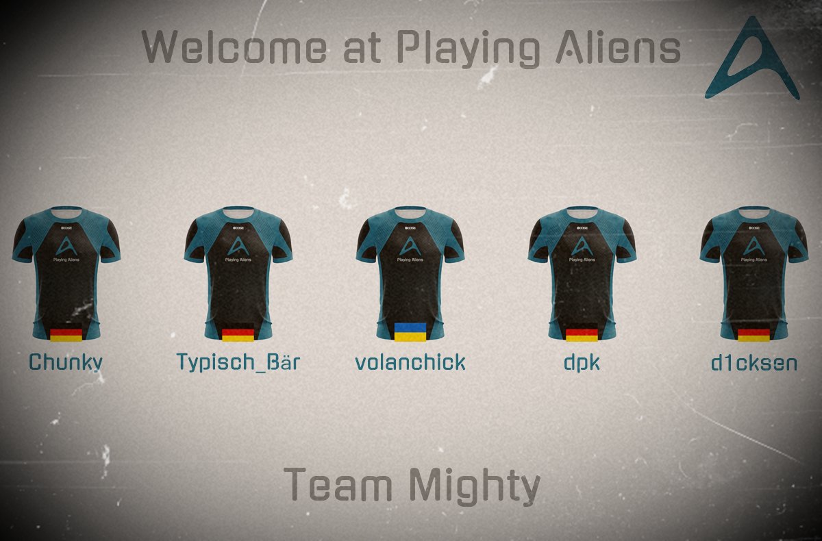 AliensPlaying's tweet photo. Wir begrüßen unser neues CSGO-Lineup "Team Mighty":
👽 @D1cksen
👽 @daniel_dpk_
👽 @volanchck
👽 #Typisch_Bär
👽 #Chunky
Willkommen / Welcome / Ласкаво просимо
@99DAMAGEde @AliensPlaying #weplaywithearthlings #beanalien #PlayingAliens https://t.co/Ve2u1CMZ72