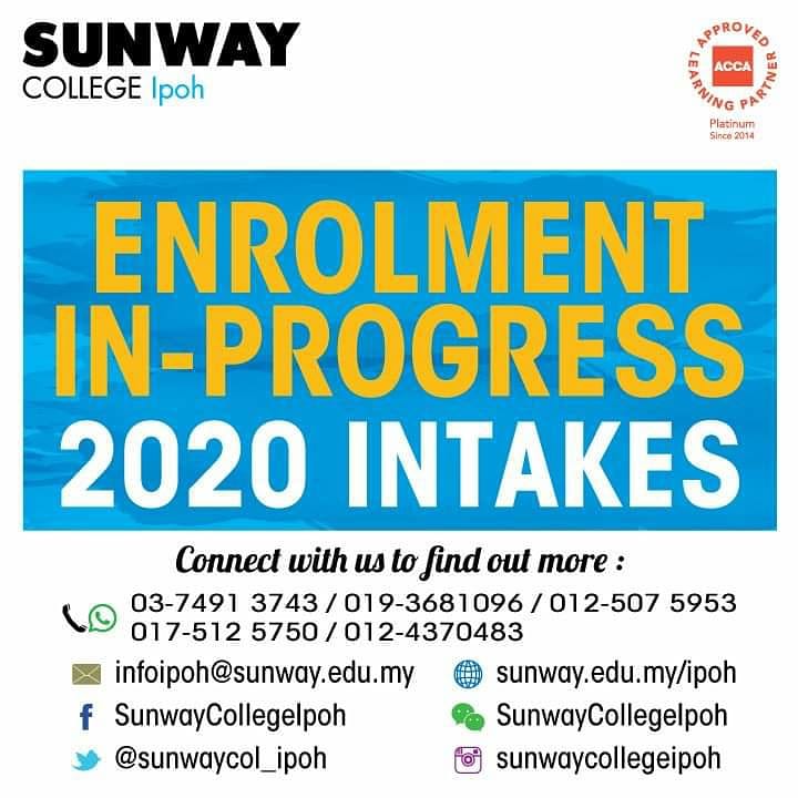 sunwaycol_ipoh's tweet photo. Let's get connected & in touch with what we have to offer. CAT and Diploma programmes intakes on May 11 & 18 respectively.
Discover your potential. Pathway to a Brighter Future.
#SunwayCollegeIpoh #EnrolmentinProgress #ProfessionalAccounting #PreUniversity #Diploma #2020Intakes https://t.co/CnX9Cj5EjP