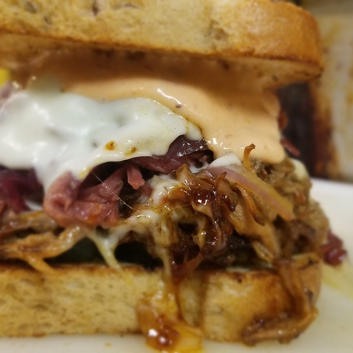 Cuban named Ruben! #slownlow #pork #cornedbeef #chipotle #1000islands #love #lunch #sandwichlover #sandwichlove #sandwichporn #sandwich #warmsmyheart #allhappy <a href="/guyfieri/">Mayor Guy Fieri</a> <a href="/foodnetwork/">Food Network</a> <a href="/chefamandaf/">Amanda Freitag</a> <a href="/tylerflorence/">Tyler Florence</a> <a href="/carlosmencia/">Carlos Mencia</a> <a href="/maneetchauhan/">Maneet Chauhan</a> <a href="/santoscooks/">Chris Santos</a>