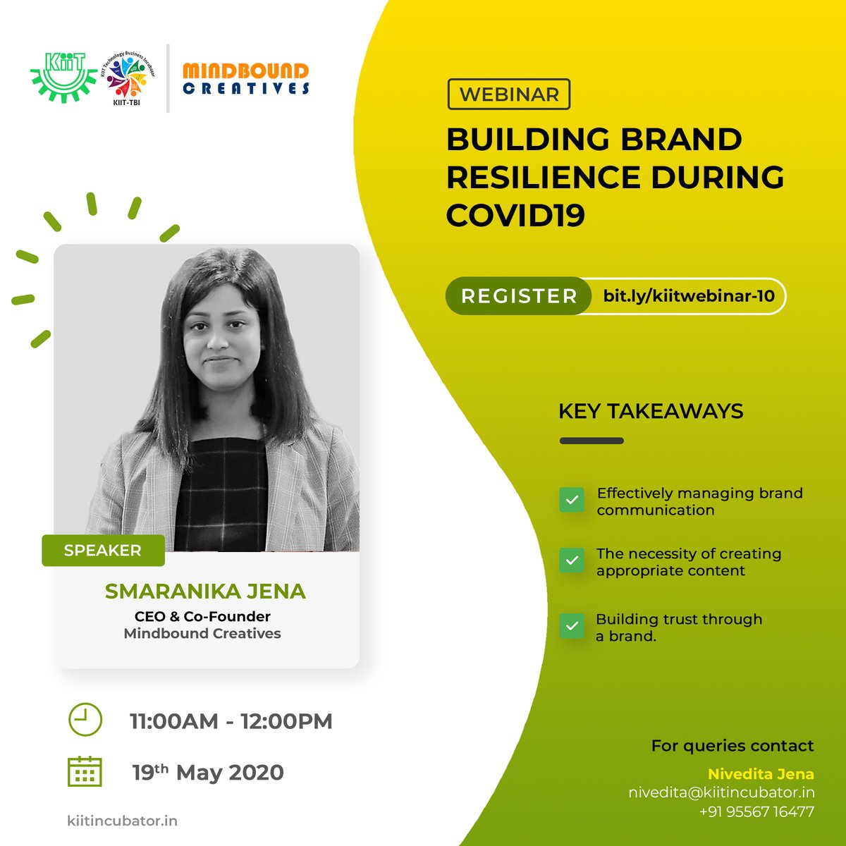 KIIT_TBI's tweet photo. Are you unsure how to manage your #brand and ensure its resilience and relevance mid and post-pandemic?

Join us for an interactive discussion on "Building Brand Resilience during COVID19" by @smaranika_jena, CEO &amp; Co-Founder at @mb_creatives 
Register ▶️ https://t.co/0opaJBKQ3l https://t.co/516d2VoFfQ