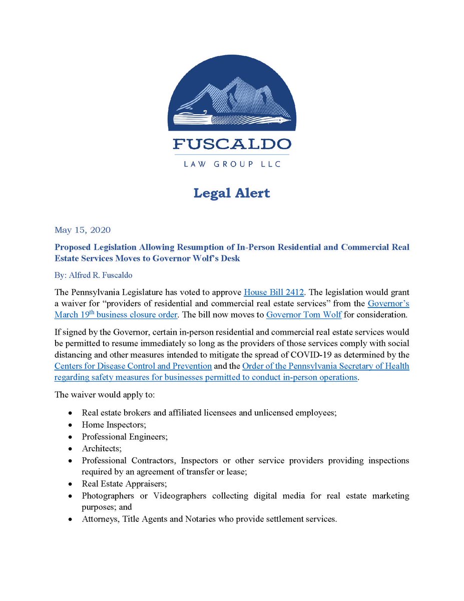 fuscaldolaw's tweet photo. Proposed Legislation Allowing Resumption of In-Person Residential and Commercial Real Estate Services Moves to Governor Wolf’s Desk https://t.co/WevLwXirht