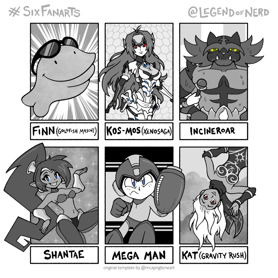 Round 2 all done #SixFanarts #SixFanartsChallenge
----------
#Shantae #MegaMan #Xenosaga #Pokemon #GravityRush #Goldfish 