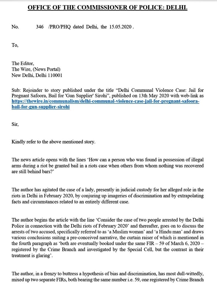 DelhiPolice's tweet photo. @thewire_in @seemi_pasha Delhi Police's Rejoinder to the above News Article 👇🏾 https://t.co/rMg4pjVpTv
