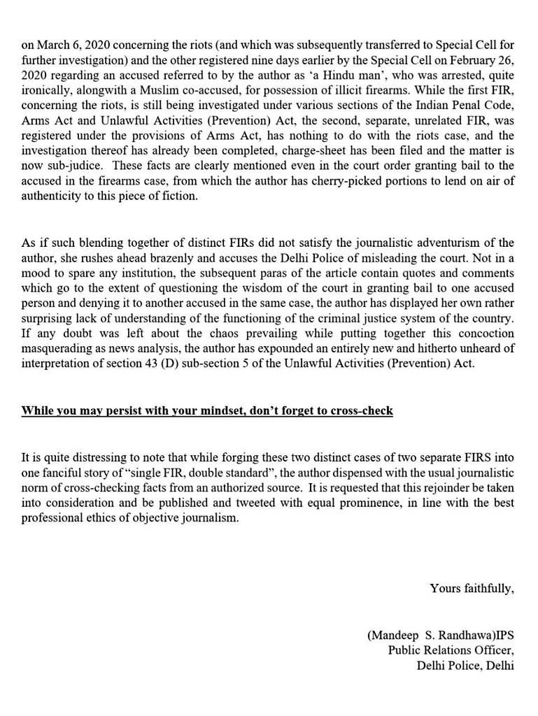 DelhiPolice's tweet photo. @thewire_in @seemi_pasha Delhi Police's Rejoinder to the above News Article 👇🏾 https://t.co/rMg4pjVpTv
