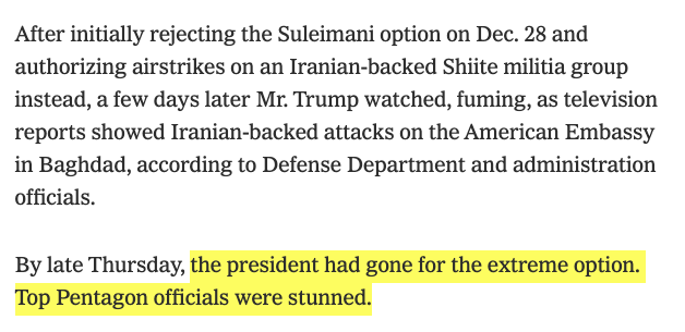 For example, some have suggested that the extreme suggestion of assassinating Suleimani shouldn't have been on the table, but Trump chose it. https://www.nytimes.com/2020/01/04/us/politics/trump-suleimani.html