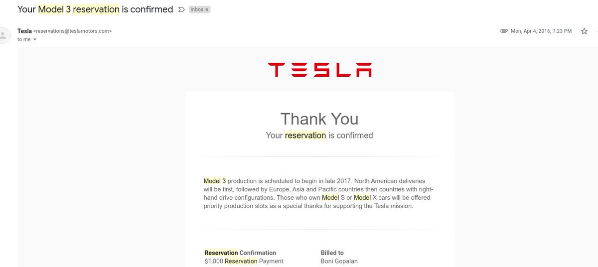 bonigv's tweet image. @Tesla and @elonmusk  is not acknowledging my repeated requests to refund the $1000 booking money it took from me in 2016 for Model 3.  Model is still not available in India.  Anyone else interested to pursue a class action lawsuit?