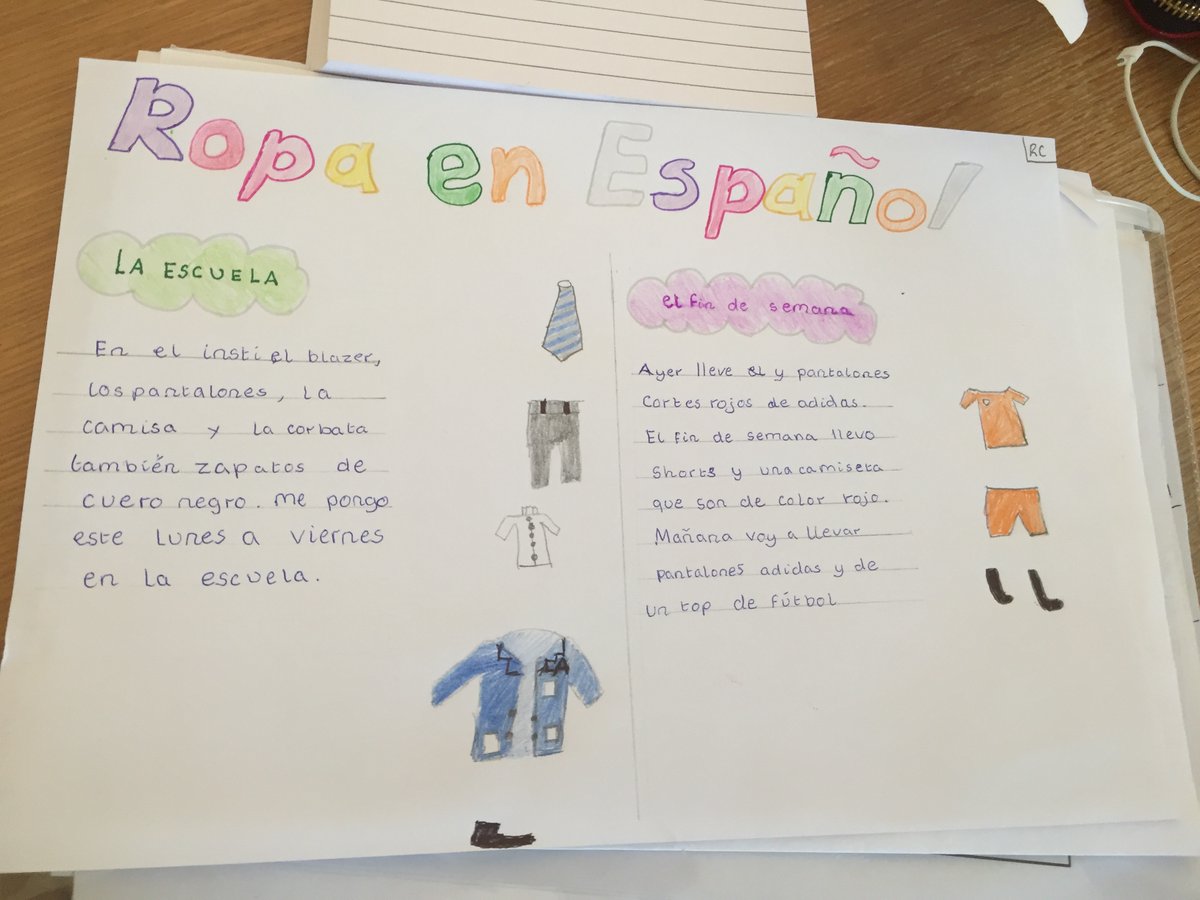 languages_la's tweet photo. 💃🕺 ¿Qué ropa llevas puesta? ❓Amazing work completed by Kadie Feather, Callum Hassall, Ryley Cowling and Isobel Holgate in year 7. 👗🧥👔👠👞👜💼👓 ¡MUY BUEN TRABAJO! 🌟👏🇪🇸 #MFLSpanish https://t.co/EJx88pPtRE