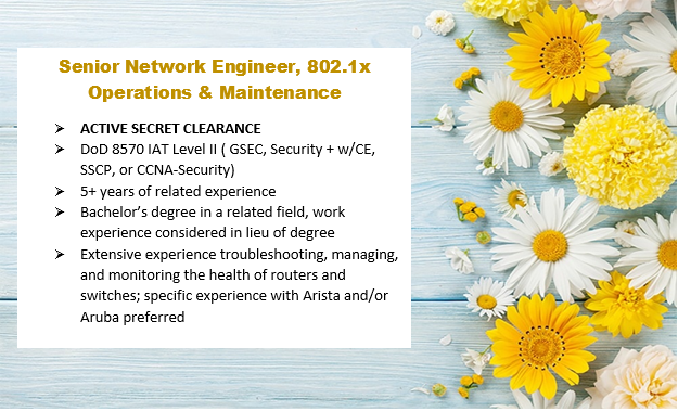 DigiconRocks's tweet photo. Digital Consultants LLC is currently hiring for a Senior Network Engineer, 802.1x Operations & Maintenance in Arlington, VA! Must meet the qualifications listed below. If interested, APPLY TODAY @ https://t.co/7MHmOtO0kL!! #DigiConRocks #NetworkEngineer https://t.co/r1VaMnpyGD