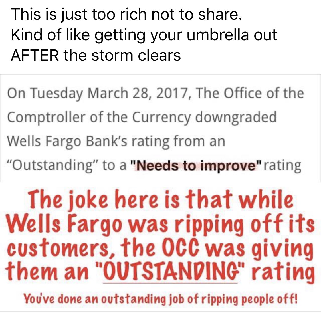 So while ⁦@WellsFargo⁩ was stealing from customers, the ⁦@USOCC⁩ was giving them an outstanding rating