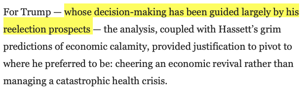 If, as the  @washingtonpost reports, Trump is only focused on re-election and his subordinates know that, what does it mean for our democracy? I think we are already seeing some of that as extremity reigns. https://www.washingtonpost.com/politics/34-days-of-pandemic-inside-trumps-desperate-attempts-to-reopen-america/2020/05/02/e99911f4-8b54-11ea-9dfd-990f9dcc71fc_story.html