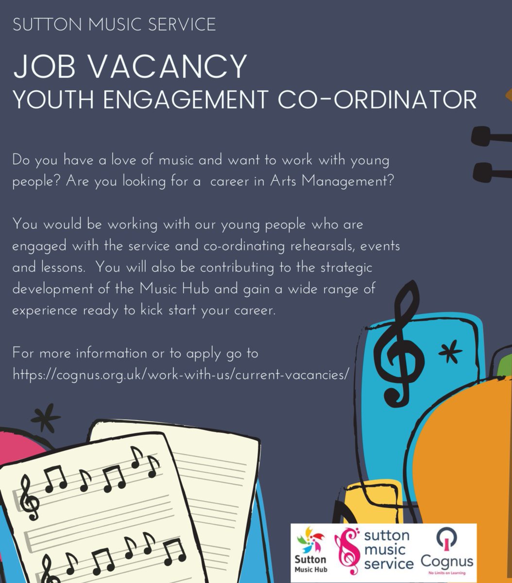 Sutton Music Service Job Vacancy - for more details or to apply go to cognus.org.uk/work-with-us/c…

#makemusicwithus
