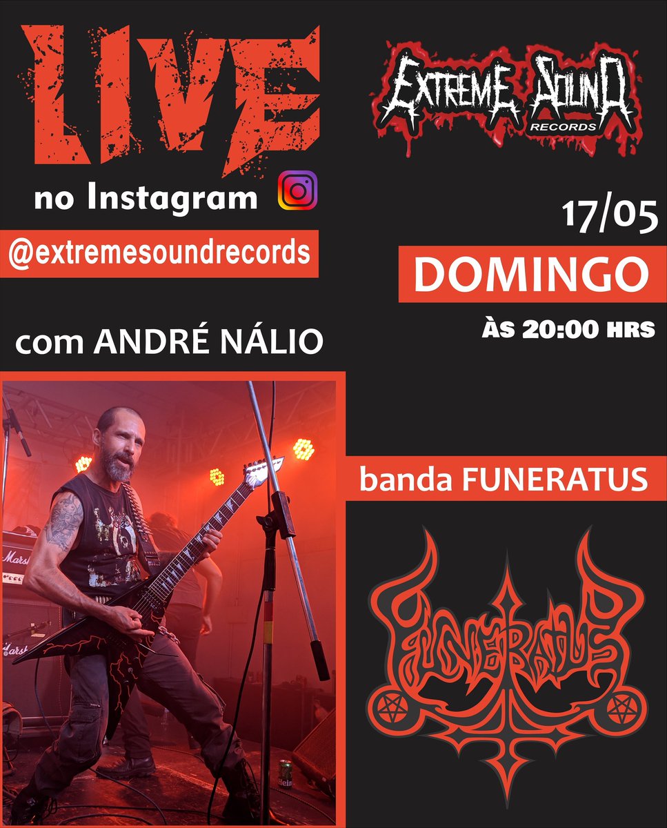 RecordsExtreme's tweet photo. DOMINGÃO DE LIVE EXTREME !
- Neste domingo teremos um bate papo com o grande @andre_nalio, guitarrista/fundador de uma das maiores bandas de Death Metal do nosso underground, a FUNERATUS!
Prepara a cerveja e vem interagir com a gente! PARTICIPE!
#ExtremeSoundRecords #Funeratus https://t.co/h73mxv0gPO