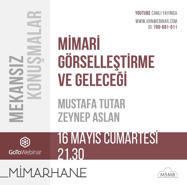 📣'Mekansız Konuşmalar' Mustafa Tutar ve Zeynep Aslan ile 16 Mayıs Cumartesi 21.30'da devam ediyor. 📍'MİMARİ GÖRSELLEŞTİRME VE GELECEĞİ' konulu programa Webinar ve YouTube'dan canlı olarak katılabilirsiniz.

#mekansızkonuşmalar #msmbmimarhane
#mimarigörselleştirme