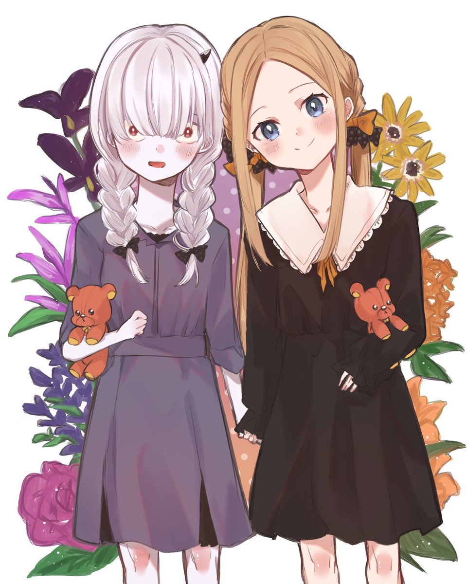 abigail williams (fate) ,lavinia whateley (fate) multiple girls 2girls blue eyes stuffed toy dress single horn smile  illustration images