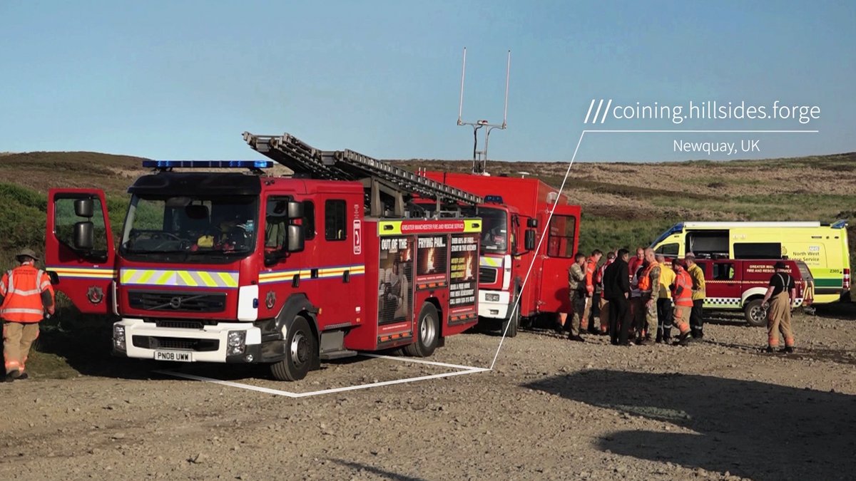 Fire engine being called to ///coining.hillsides.forge in Newquay, UK