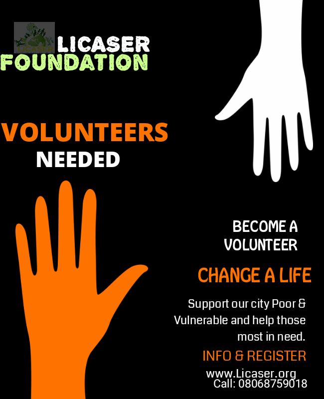 Do you mind joining Licaser Foundation Volunteer team? We need good people that can join us as we reach out to our troubled world together. 

What do Volunteers do? Our team of volunteers go on to distribute our relief palliative to the needy &amp; less Privilege people. Send us a dm
