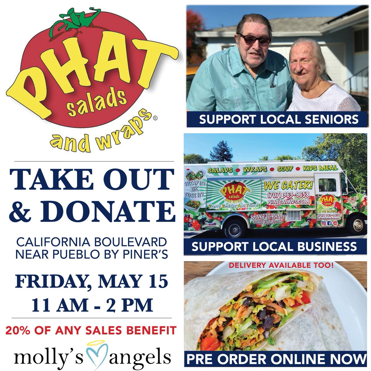 MollysAngels's tweet photo. Today is our "Take-Out & Donate" with @phatsalads
20% of all sales go towards supporting Napa County seniors! Support local businesses!
#NapaRestaurants #Napaseniors #Napa #foodtrucks #supportseniors #seniorfood https://t.co/dlNQRMCJ4H