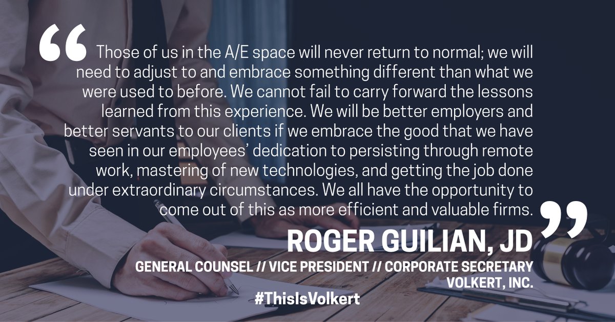 volkertinc's tweet photo. Last week, Volkert's general counsel Roger Guillan served as a presenter during the @ABAesq's Construction Law Forum monthly “Hot Topics” call where they discussed unprecedented industry impacts from the COVID-19 pandemic. #ThisIsVolkert #ConstructionLaw #EngineeringLaw https://t.co/td1HFfl2XW