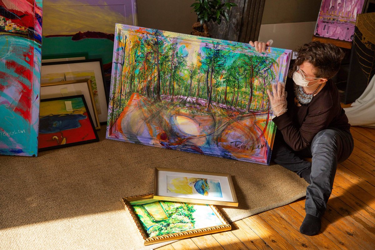 Tamarmagan's tweet photo. It's super difficult to get a photograph of the #truecolours. A shady forrest with a clearing of bluebells in a pool of sunlight was a complicated thing to paint &amp; now I'm realising its even harder to share digitally. Thank you to @HaidauIris photography! 
#hallerbos 
#exhibition https://t.co/6tzgdLH8Ma