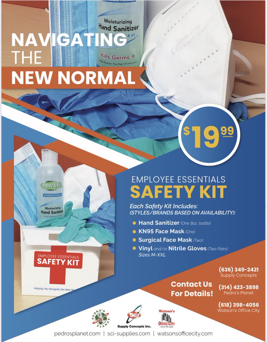 As offices around the St. Louis Metro area start opening back up, it’s important to protect your employees &amp; customers. We’re offering a simple, affordable package that includes some basic gear for the new normal. $19.99 each. Give us a call.