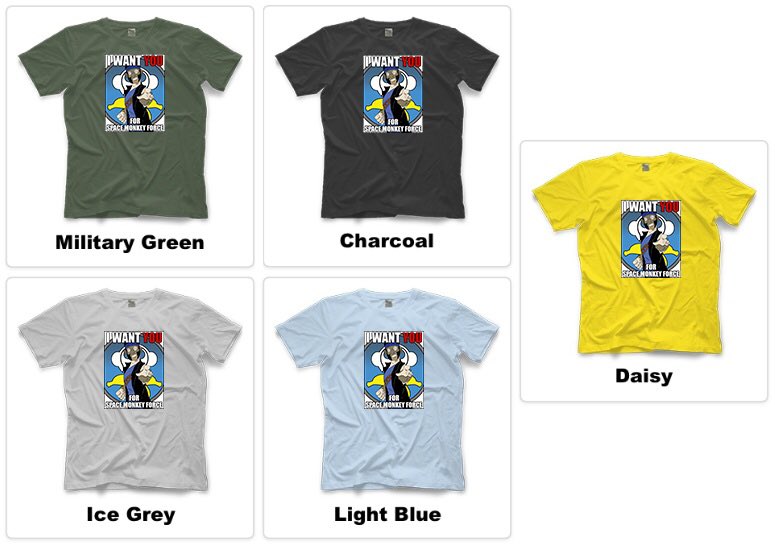 PWSpaceMonkey's tweet photo. New #SpaceMonkeyForce t-shirt (designed by @2SourBrian 🤗) available in 5 colours (image 1) here:
https://t.co/eAPwNP2uJB

What colour (image 2-Monkey mockups) should I put on PWT??
Vote below!!
🐵
👕 https://t.co/nag9cI1lPH