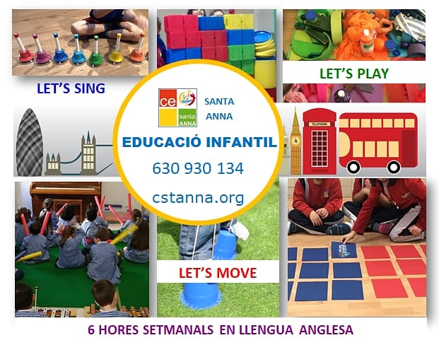 EDUCACIÓ INFANTIL
Escola multilingüe. Les nenes i nens d'educació infantil gaudeixen de 6 hores setmanals d'immersió en llengua anglesa amb Let' Play (anglès a partir de contes, cançons, experiències,...), Let's Move (psicomotricitat) i Let's Sing (música).