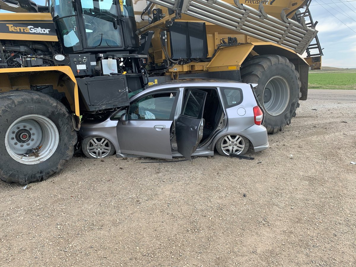 Troopers responded to a crash involving a passenger car and heavy farm machinery equipment south of Artas. Luckily the driver in the passenger car received non-life threatening injuries. Farm traffic is increasing, use caution and drive safely around them. #KeepSDsafe #FarmSafety