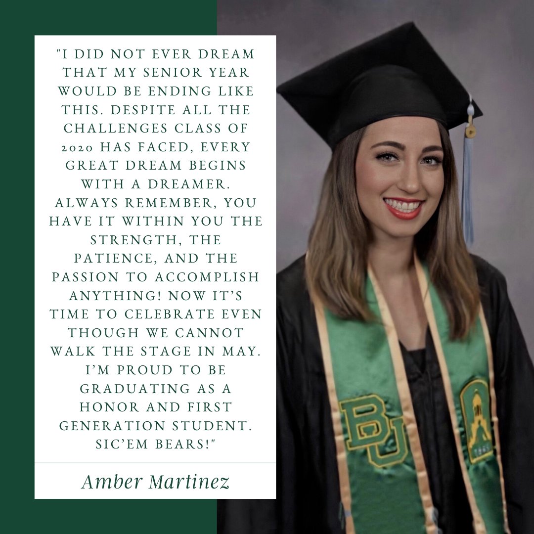 BUFirstinLine's tweet image. Congratulations class of 2020! Today, we lift up Amber Martinez as our honored first-gen Baylor graduate! You have worked so hard for this achievement, congratulations Amber! 🎉💚💛🐻#firstgenerationcollegestudent #baylor #seniors2020 #bu20 #baylornation