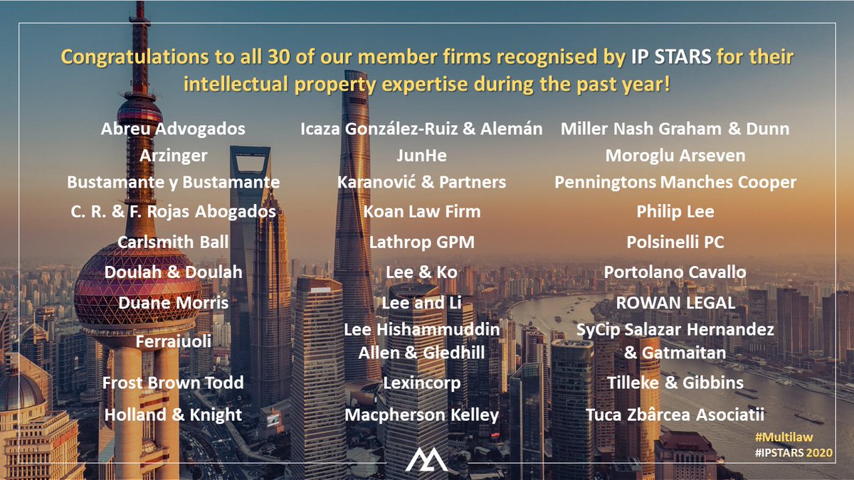 Multilaw's tweet photo. Congratulations to all of our member firms recognised by @IP_STARS for their intellectual property work during the past year! Great work! ๐๐
#IPSTARS2020 #Multilaw #GlobalExpertiseLocalInsight https://t.co/FsfZuuiFvd