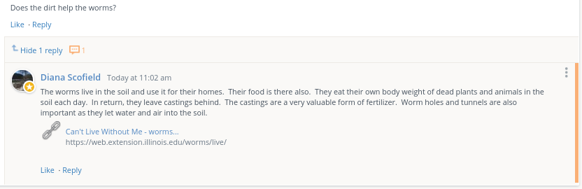 Lauren_P8's tweet image. Giving a shout out to our expert guest, Mrs. Scofield, a retired earth science T from @BHSMarlins. She&apos;s enriching our G3 Ss learning during their soil unit by responding to a Q&amp;amp;A @Schoology discussion post. TY for sharing your knowledge! @vbschools #vbits #vbalwayslearning