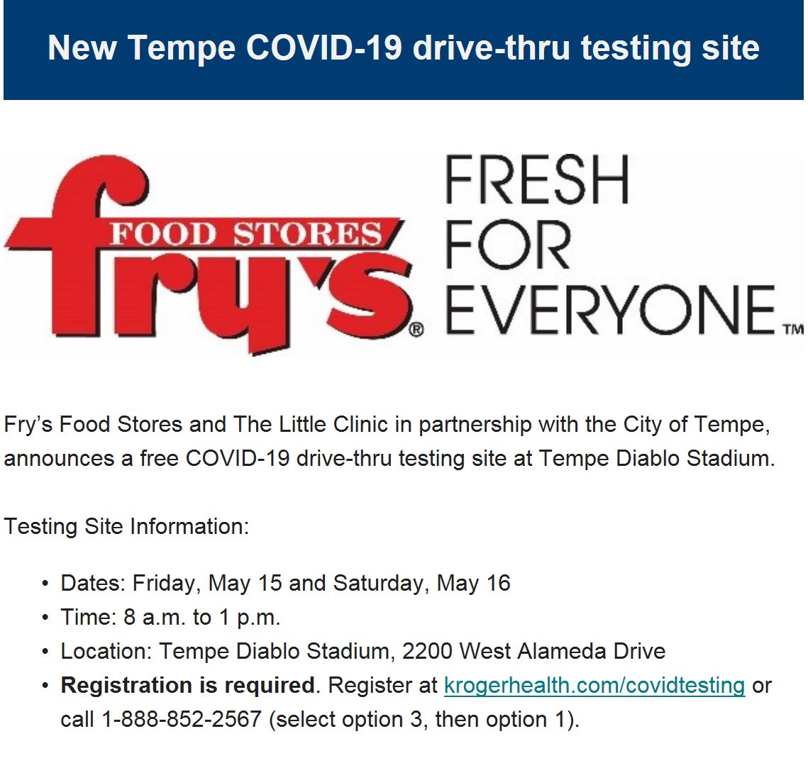 Mayor Mark Mitchell (@azmayormitchell) on Twitter photo Happening now & tomorrow! Fry's Foods & The Little Clinic have partnered with <a href="/Tempegov/">City of Tempe, AZ</a> to provide free COVID-19 testing at Tempe Diablo Stadium. You can preregister by following the instructions below. Happening now & tomorrow! Fry's Foods & The Little Clinic have partnered with <a href="/Tempegov/">City of Tempe, AZ</a> to provide free COVID-19 testing at Tempe Diablo Stadium. You can preregister by following the instructions below.