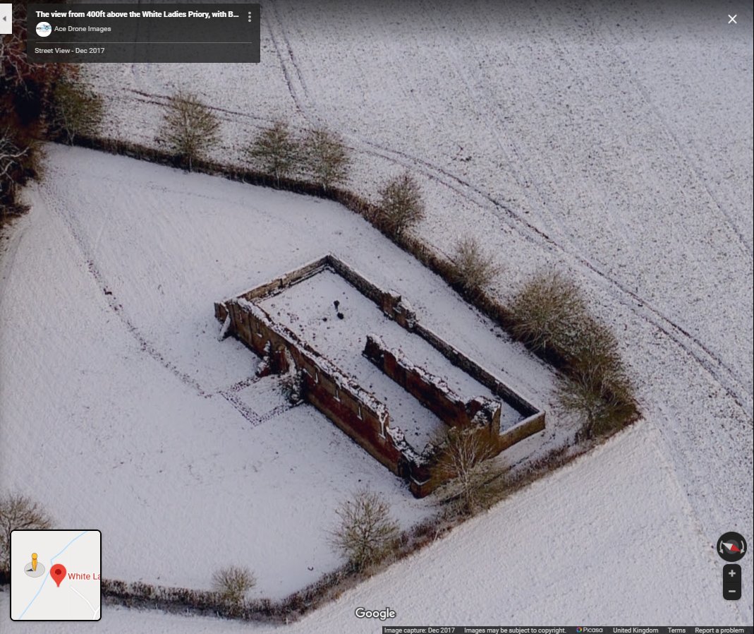 Brewood is Staffordshire, its Priory Salop, probably encouraging the moniker White Ladies Priory. Small (£31 gross) house of Austin (not Cistercian!) nuns. Will have had its archaeology very disrupted by the church being enclosed for Catholic burials (nb tiny N transept in snow)