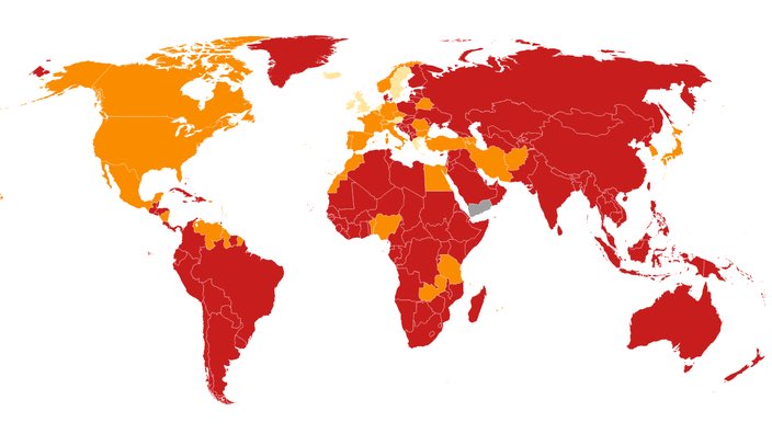 Mediavenir's tweet photo. 🗺 Les frontières à l’heure de la pandémie de #coronavirus : 

🟥 Pays ayant fermé leurs frontières.
🟧 Pays ayant imposé des restrictions à l'entrée de leur territoire. 
🟨 Pays où le passage est resté facile. 

(Le Figaro) #COVID19 #deconfinementjour5 https://t.co/JkdpgS7RGX
