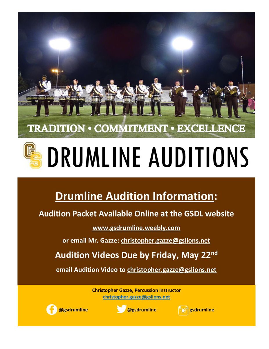 Interested in auditioning for the GS Drumline? Visit our website for audition information gsdrumline.weebly.com