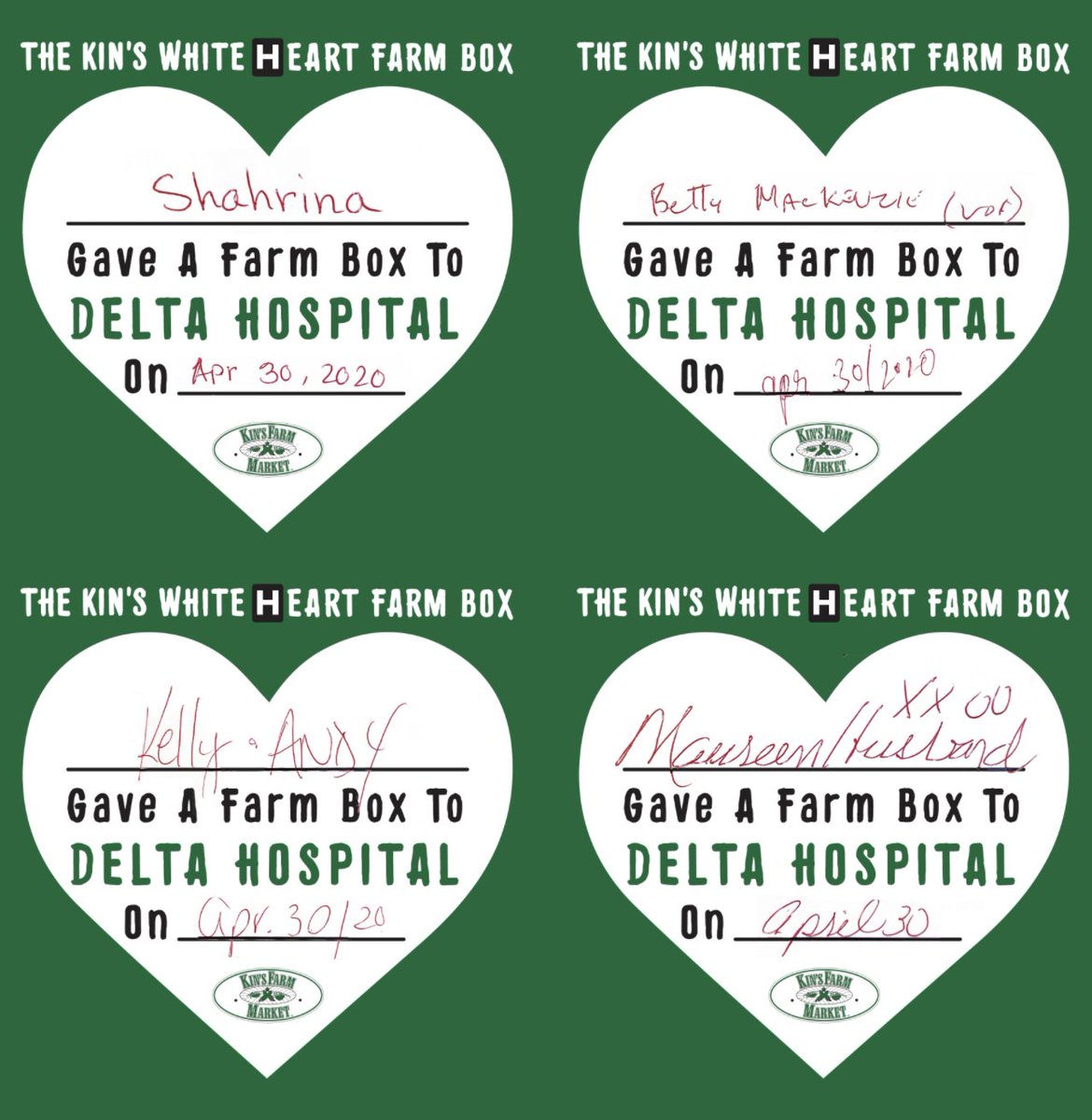 KinsFarmMarket's tweet photo. Thank you SO MUCH to Shahrina, Betty, Kelly & Andy, and Maureen who so generously donated a #WhiteHeartFarmBox for the #HealthCareWorkers at #DeltaHospital. Your thoughtfulness is greatly appreciated! π#KinsFarmBox #SouthDelta #CommunitySupport #KinsFarmMarket @DHCHFoundation https://t.co/WfjaZseNbq