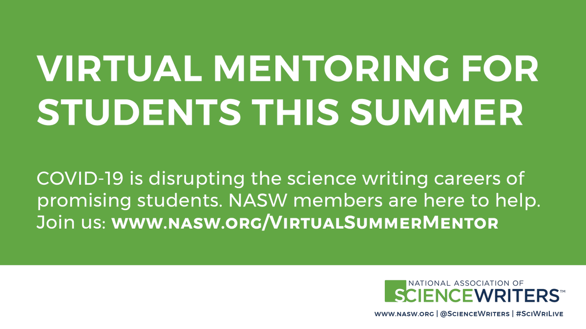 ScienceWriters's tweet photo. LAST DAY TO APPLY: NASW members, we need seasoned journalists, PIOs, and other writers for our new Virtual Mentoring Program! Volunteer your time to make sure #SciWriStudent members don't miss out on a summer of professional growth because of #COVID19: https://t.co/V2cTnrAjBJ https://t.co/yBt5PsTGpb