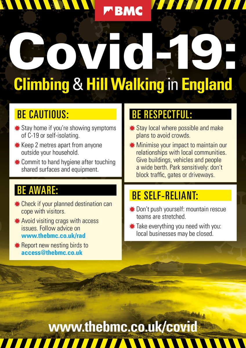 Climbing and hill walking in England with Covid-19. Here's how you do it:

Be Cautious ⛔
Be Aware 🔍
Be Respectful 😇
Be Self-Reliant 💪

#climbing #walking #covid19