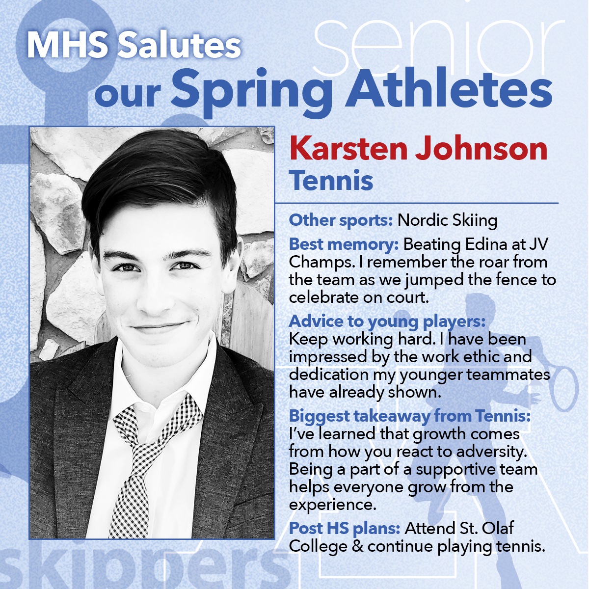 Today we salute seniors Kylie Melz <a href="/Tonka_Track/">Ladies Tonka Track & Field</a> and Karsten Johnson <a href="/TonkaTennis/">Tonka Boys Tennis</a>! 
#MHSSeniorSalutes #MHS2020
⚓️🏃‍♀️🎾
<a href="/TonkaPrincipal/">Jeff Erickson</a> <a href="/tonkahockeygirl/">Tonka HS Girls Hockey</a> <a href="/mhswsoccer/">Minnetonka Soccer</a> <a href="/TonkaAlpine/">Tonka Alpine</a>