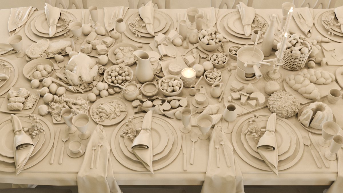 CoronaRenderer's tweet photo. Something different for Friday - mvshabeer decided to render ALL the food, in one scene! This is another one where we just had to share the clay render as well. More, including the fullsize version of that overhead shot, at https://t.co/gp2tnMxsMu https://t.co/dXKHVhxjaC