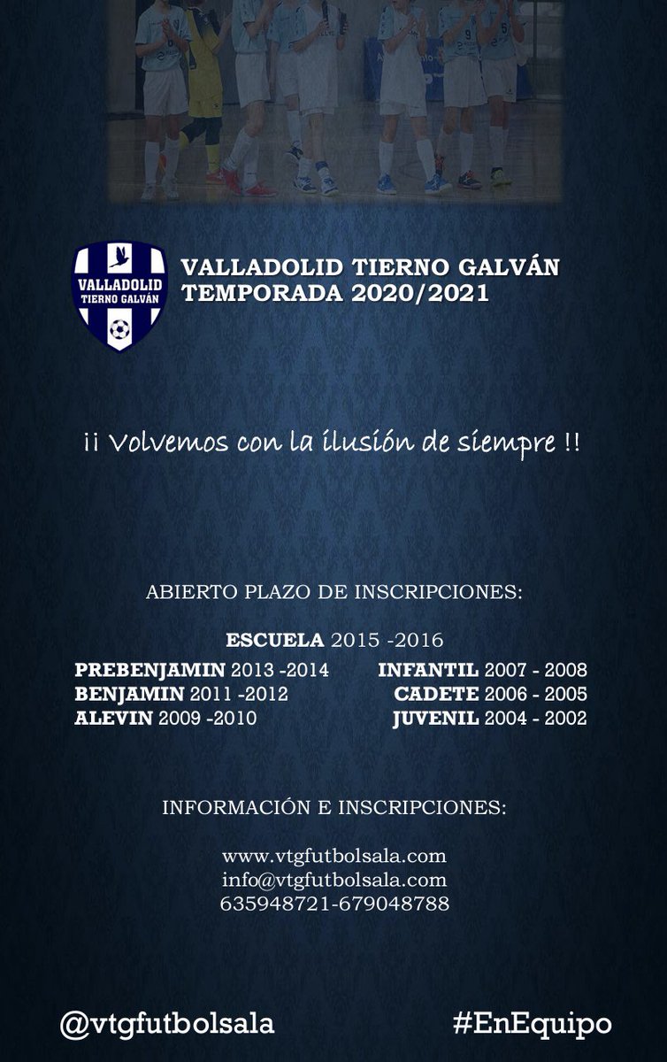 VTGfutbolsala's tweet photo. CAPTACION TEMPORADA 2020/2021 | En casa, comenzamos a preparar la nueva temporada, porque tenemos ganas de volver y volveremos mas fuertes!!! Quieres jugar con nosotros? No lo dudes. Te esperamos!!! #VTG #EnEquipo 💙⚽️ https://t.co/1IAzOVhfdJ