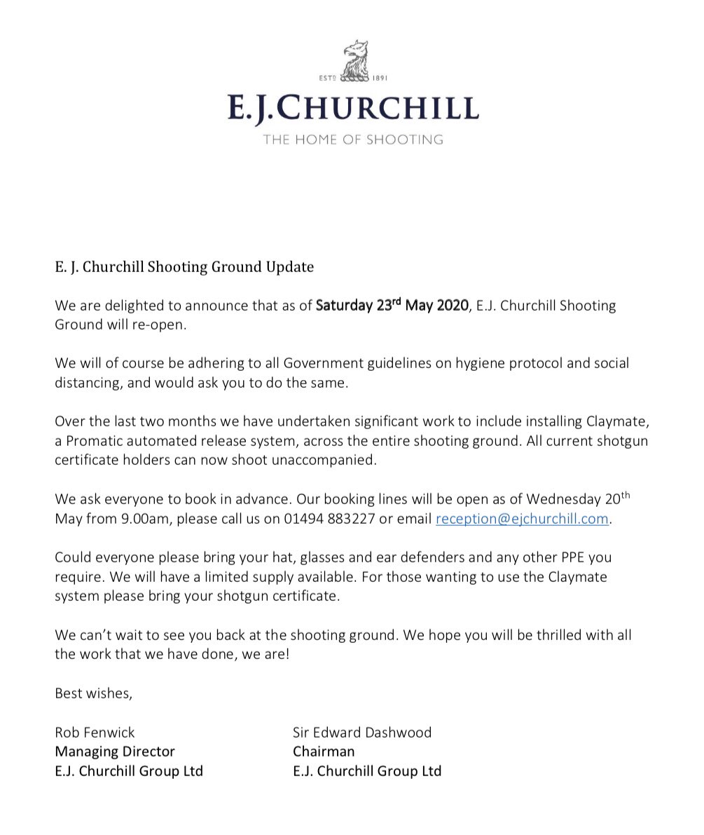 We are delighted to announce that we will be re-opening on Saturday 23rd May please read the full statement for details #ejchurchill #thehomeofshooting #claymate
