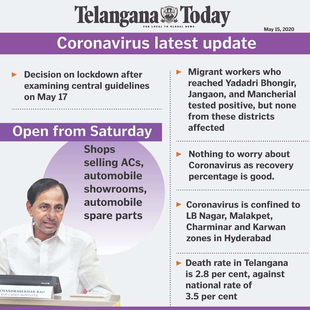 TelanganaToday's tweet photo. Status quo on lockdown as of now: #KCR
But for four zones in Hyderabad, no active cases in rest of the State, says CM https://t.co/lr6CUuQdcB