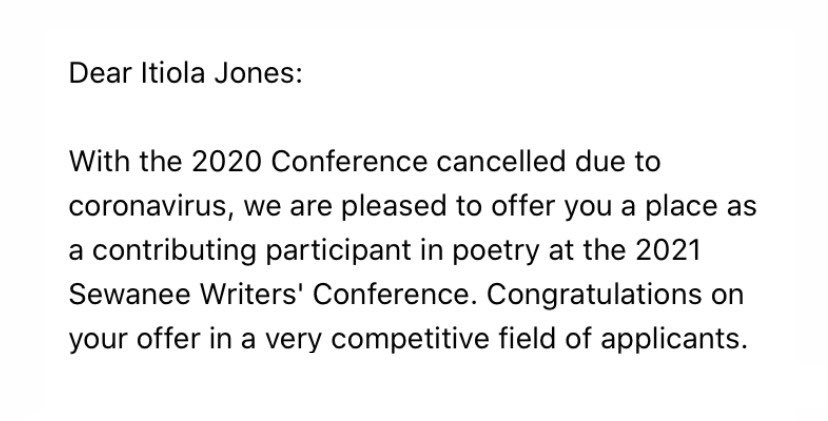 isjonespoetry's tweet photo. wow, y’all, stellar news: ya girl got accepted to Sewanee’s Writer’s Conference in 2021! 🥳 https://t.co/40xktxGdxL