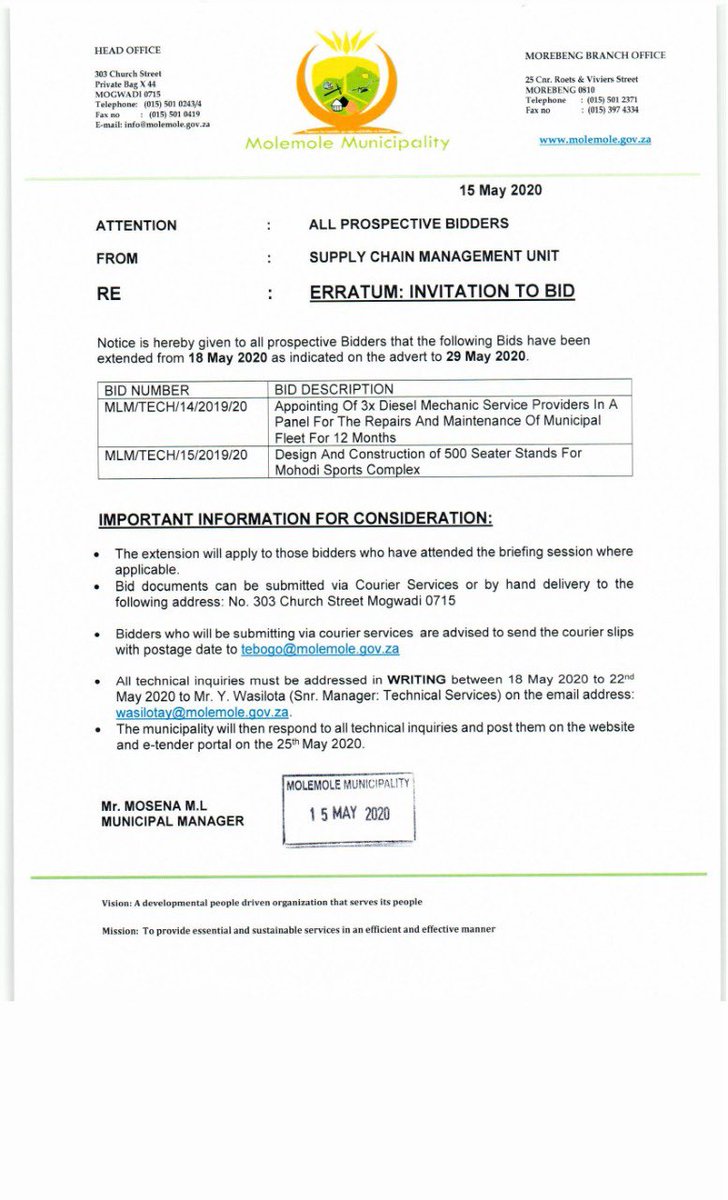 MLMunicipality's tweet photo. An important message to all prospective bidders. #PublicNotice https://t.co/I18B35yOzi