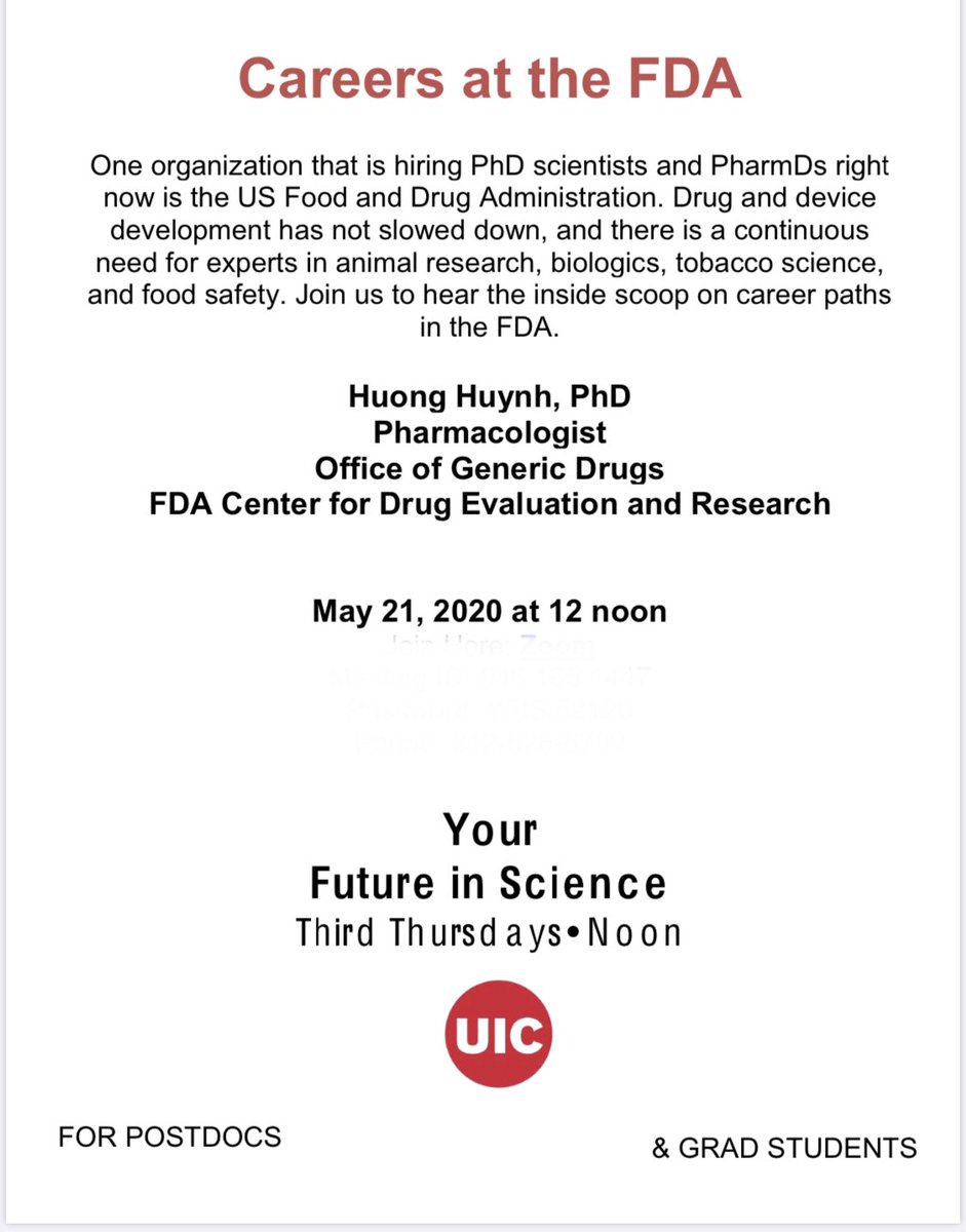 UICPostdoc's tweet photo. Want to learn more about careers at FDA? Please join the next #yourfutureinscience webinar
Register at https://t.co/DDKRch2mWg to get zoom details. @UIC_CCTS @thisisUIC #drug #device https://t.co/bVO6kKoii7