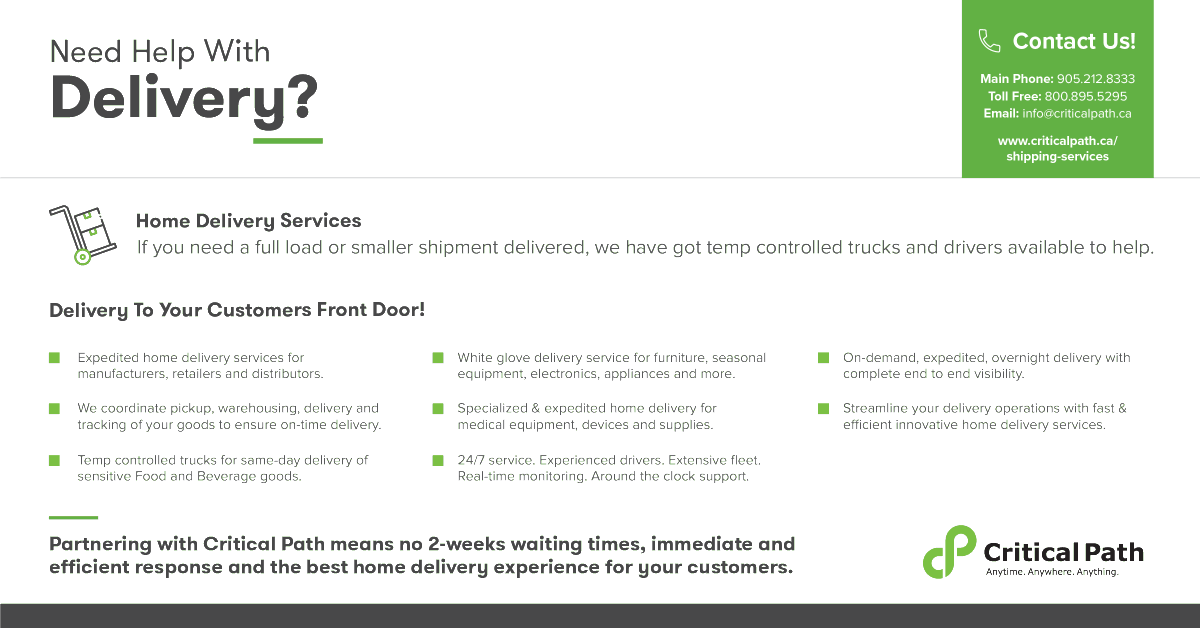 CriticalPathLtd's tweet image. Need Help With Delivery? If you need a full load or smaller shipment delivered, we have got temp controlled trucks and drivers available to help. Delivery To Your Customers Front Door!