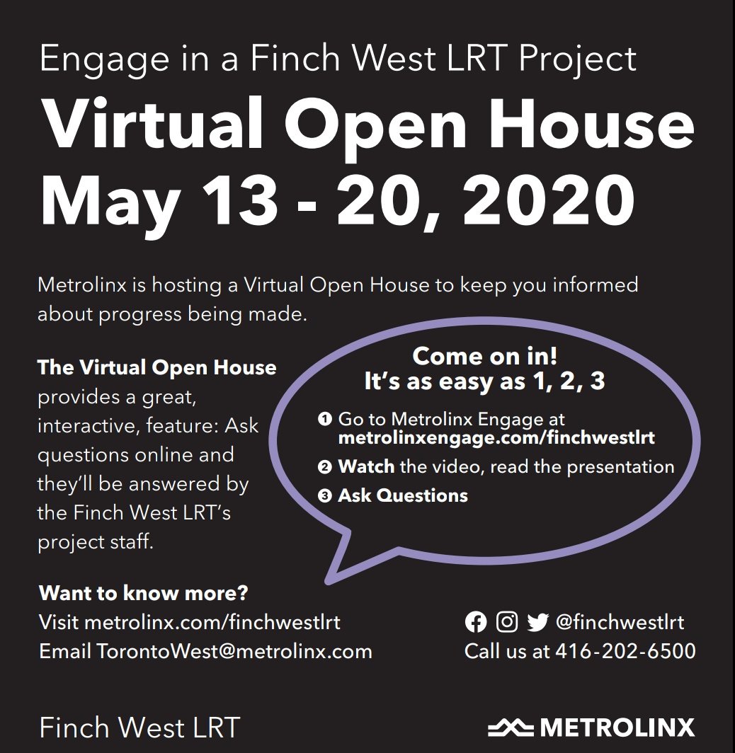 DownsviewAdv's tweet photo. Join Finch West LRT project Virtual Open House, May 13-20, 2020. Sign on to Metrolinx Engage via https://t.co/7ftVAuic0O any time during the week. Learn about the Finch West LRT project & have your questions answered by the Finch West project team! #joinusvirtually #stayathome https://t.co/SjXm9ddFeT