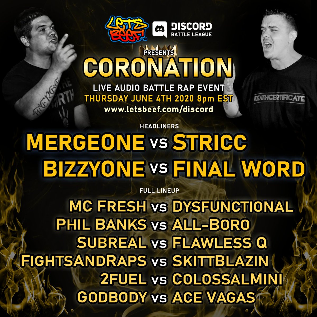 letsbeef's tweet image. LetsBeef Discord Battle League presents CORONATION! Live audio battle rap event on June 4th at 8pm EST. Join LetsBeef.com/discord to tune in #battlerap #rapbattle