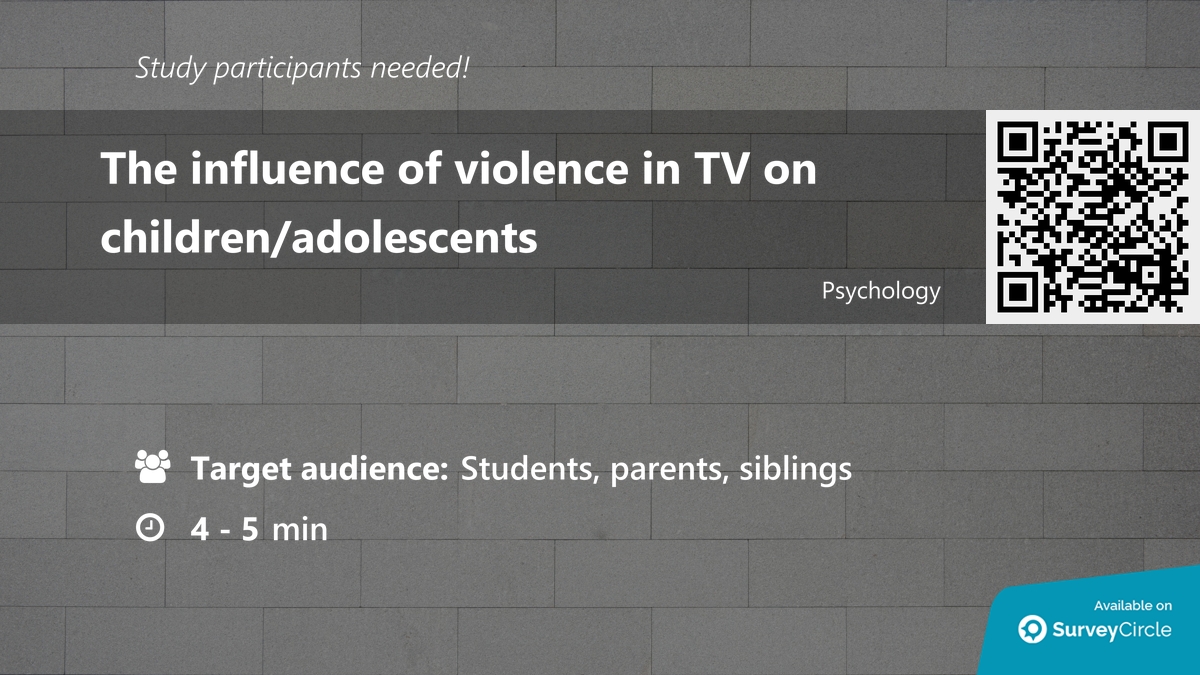 daily_research's tweet image. Participants needed for online survey!

Topic: "The influence of violence in TV on children/adolescents" surveycircle.com/en/surveys/?sr… via @SurveyCircle

#behaviour #aggression #BehaviouralChanges #children #violence #media #survey #surveycircle