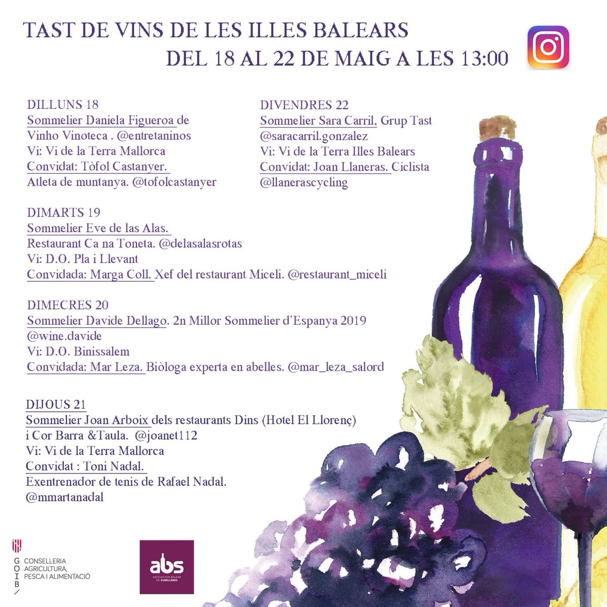 Nou programa de tasts de #vinsmallorquins de la propera setmana! Amb un cartell de sumillers i convidats espectacular😍  

<a href="/VtMallorca/">Vi de la Terra de Mallorca</a> <a href="/BinissalemDO/">DO Binissalem</a> <a href="/AgriculturaGOIB/">Conselleria d'Agricultura, Pesca i Medi Natural</a> <a href="/abs_sumilleres/">ABS</a>  #TastaMallorca #ElsNostresVinsSonElsTeusVins #ViDeMallorca  #WineFromMallorca #WeineAusMallorca